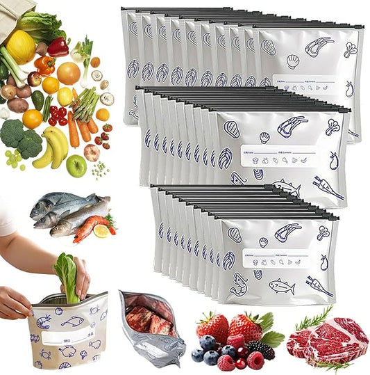 Reusable Aluminum Foil Sealable Storage Bags, 2026 New Resealable Vacuum Zipper Pouches for Food, Thicken Stand Up Foil Freezer Bags with Label & Zip Lock for Vegetable Fruit Meat (Mix*30)