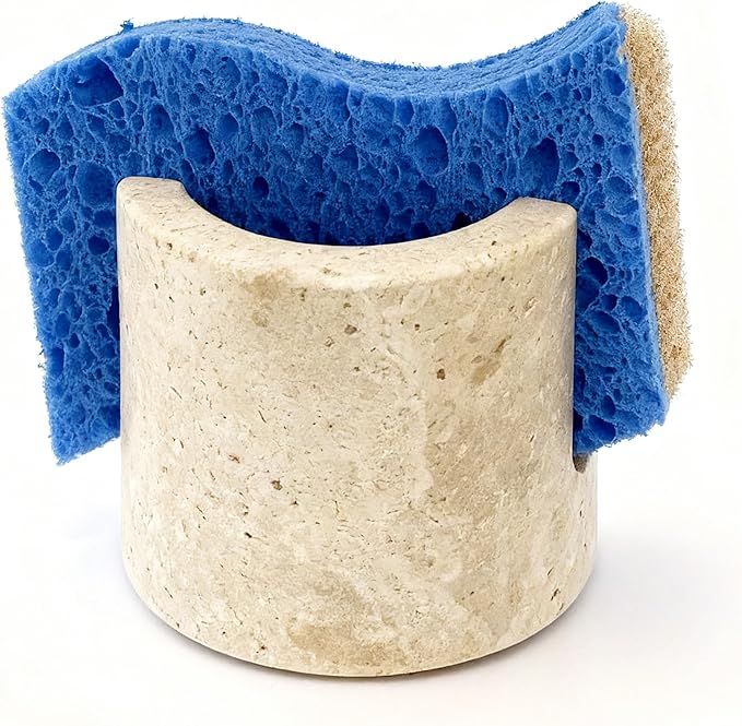 Natural Travertine Sponge Holder & Drying Rack for Kitchen Sink Non-Slip Grip Fast-Absorbing Stone Sponge Caddy Organizer Sturdy Bathroom or Kitchen Counter Accessory Beige
