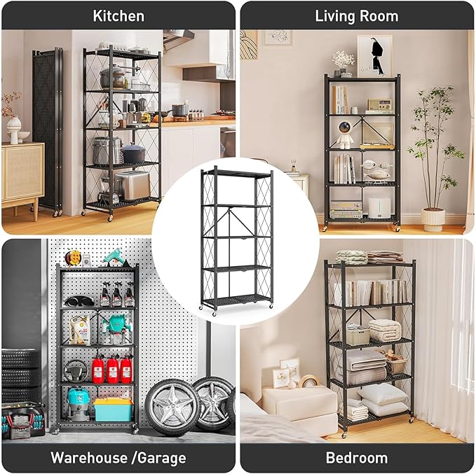 Foldable Storage Shelves with Wheels, Folding Shelving Units Storage, Heavy Duty Metal Collapsible Shelf No Assembly, Large Capacity Pop-Up Organizer for Garage,Kitchen,Living Room, 5-Tier Black
