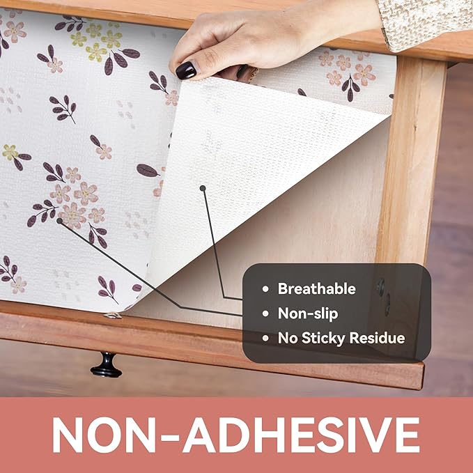 RAY STAR Shelf Liner, 18 Inch x 24 Feet Non Adhesive Blush Petals Floral Kitchen Cabinet Liner for Pantry Drawer Vanity, Strong Grip Non Slip Waterproof, Shelf Liners for Cupboard
