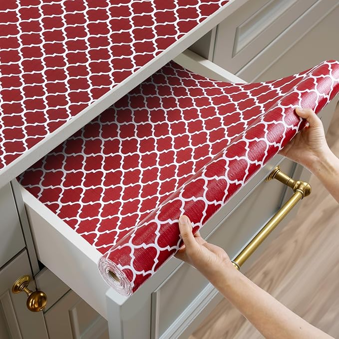 Shinlendid Shelf and Drawer Liner for Kitchen Cabinets Non-Adhesive, Strong Grip Non-Slip Thickened Cabinet Liners for Shelves, Waterproof Mats for Dresser Cupboard, Red/White, 17 in x 30 Feet