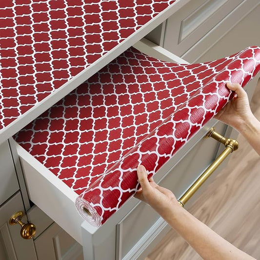 Shinlendid Shelf and Drawer Liner for Kitchen Cabinets Non-Adhesive, Strong Grip Non-Slip Thickened Cabinet Liners for Shelves, Waterproof Mats for Dresser Cupboard, Red/White, 12 in x 10 Feet