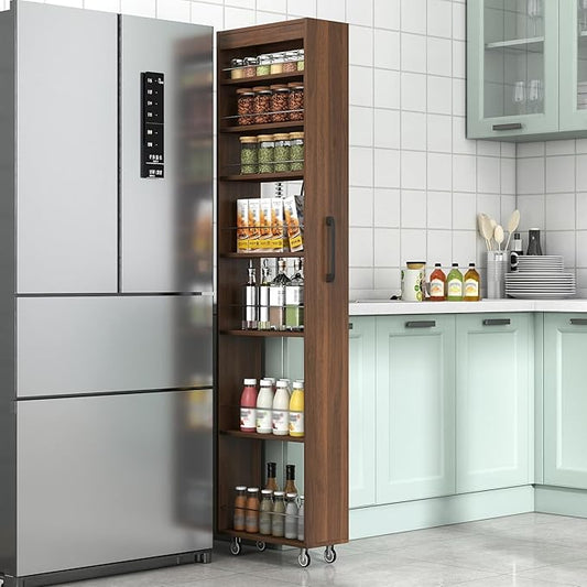 7 Tier Slim Storage Cart, Rolling Spice Rack Next to Fridge Slim, Narrow Storage Cabinet, Wood Storage Organizer with Handle Wheels for Kitchen, Dining Room (7 Tier - Walnut2)