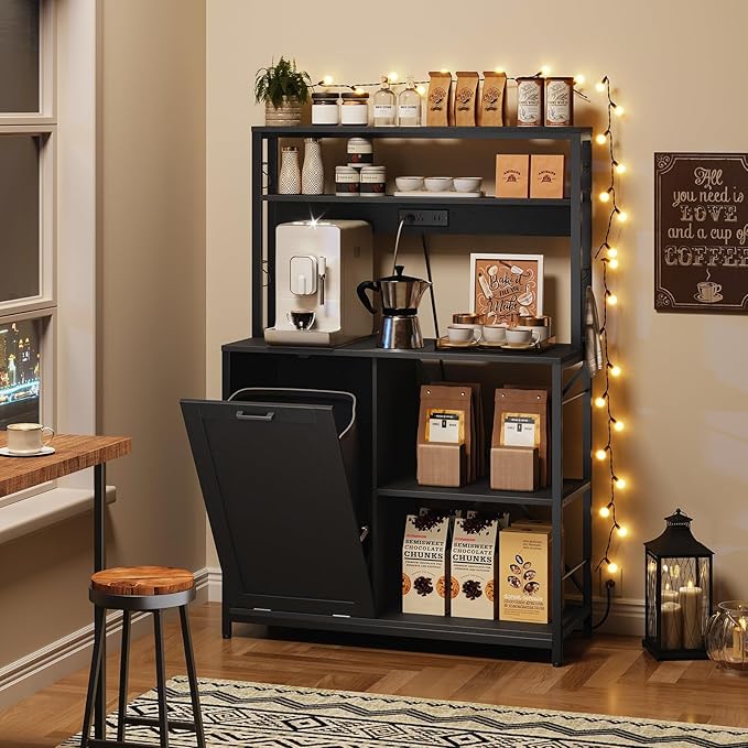 HOOBRO Bakers Rack with Power Outlet, Microwave Stand with Trash Can Bin Cabinet, 5-Tier Kitchen Storage Shelf Cabinet, Tall Coffee Bar Table Station for Dining Room, Living Room, Black BB50UHB01