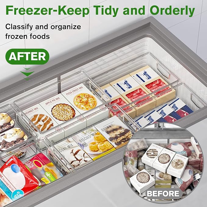Clear Freezer Organizer Bins, 10 Pack Plastic Storage Bin, Stackable Snack Organizer for Pantry, Fridge Storage Containers with Handle for Cabinet, Kitchen