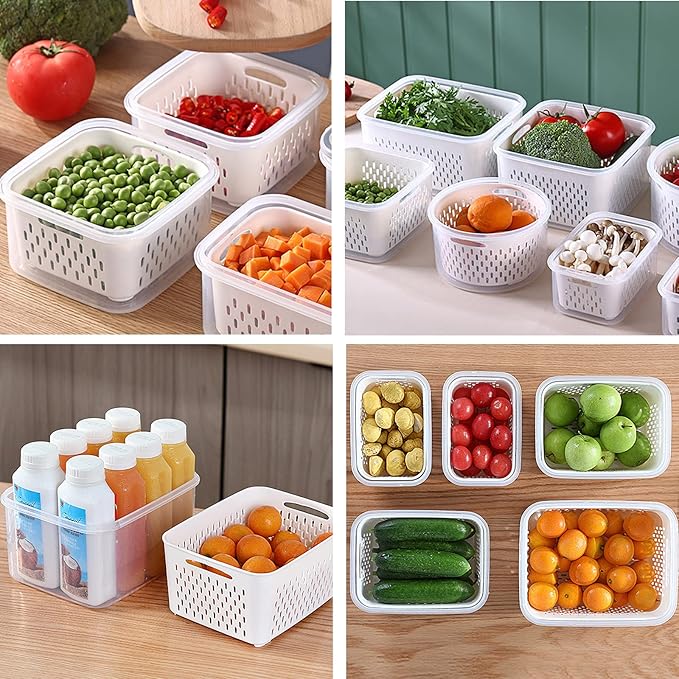 Ronanemon 3Pack Fridge Food Storage Container Set with Lids with Strainer, Fruit Vegetable Storage Containers Keep Fruits, Vegetables, Berry, Meat Fresh longer, BPA-Free Plastic Produce Keepers
