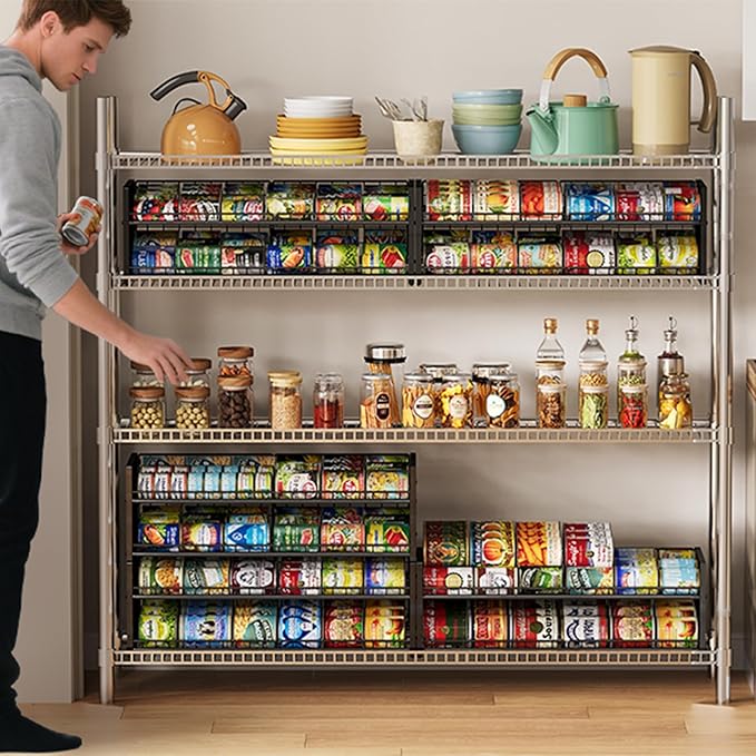 2-Tier Stackable Can Rack Organizer for Pantry Shelf, Extra-Long Can Holder for Kitchen Organization,Heavy Duty Can Dispenser for Canned Food Soup Goods up to 64 in Cabinet Storage, Black