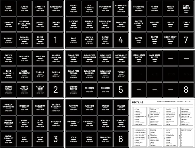Neatsure 89 Coffee Syrup Labels for Coffee Bar Accessories, Minimalist Preprinted Coffee Stickers for Coffee Station, Essentials for Syrup Bottle & Dispenser Organization