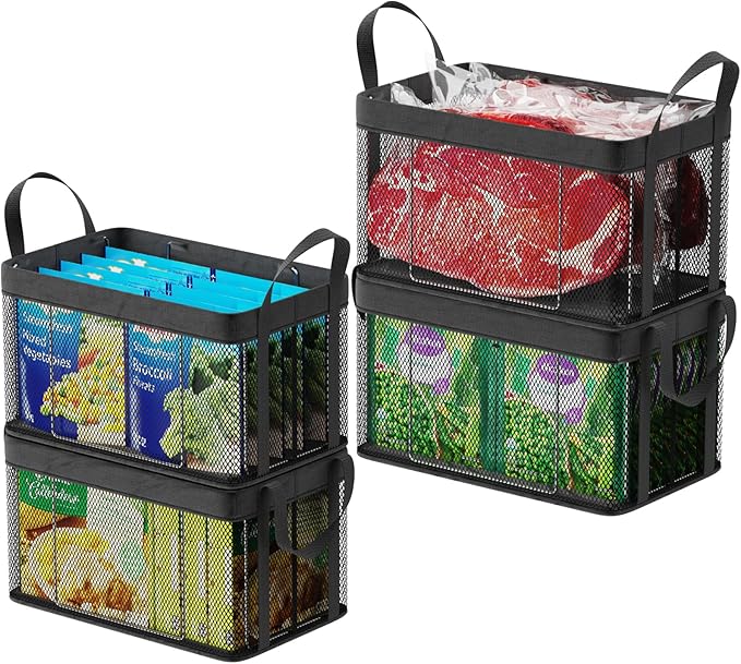 iSPECLE Deep Freezer Organizer Bins - 4 Pack 15" Large Stackable Freezer Organizer for 5 to 7 Cu.Ft Chest Freezer, Sturdy Fabric & Stainless Steel for Meat & Vegetables, Easy Access, Black
