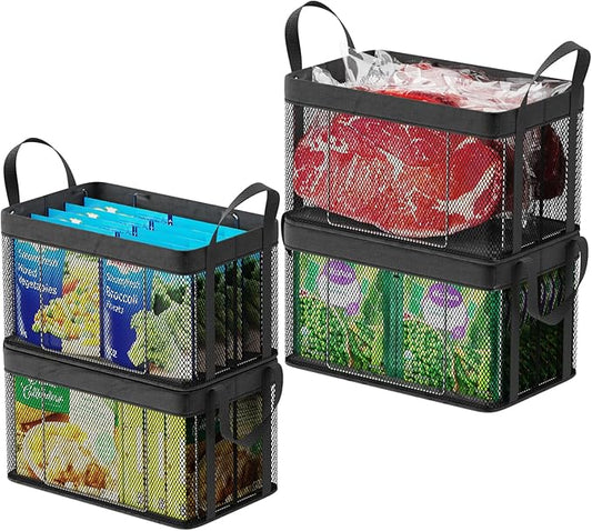 iSPECLE Deep Freezer Organizer Bins - 4 Pack 15" Large Stackable Freezer Organizer for 5 to 7 Cu.Ft Chest Freezer, Sturdy Fabric & Stainless Steel for Meat & Vegetables, Easy Access, Black