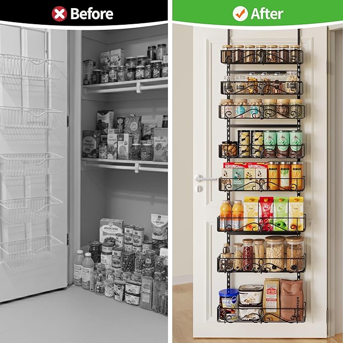 Over the Door Pantry Organizer, 8-Tier Over the Pantry Organization And Storage, Metal Hanging Spice Rack Shelves Door for Home & Kitchen, Laundry Room Bathroom, Black