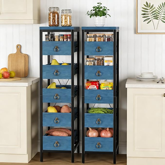 Kitchen Fruit Vegetable Storage Rack, 5-Tier Narrow Snack Fruit Display Stand with 5 Pull-Out Drawers Basket, Utility Organizer Standing Shelf for Kitchen Living Room Bathroom Supermarket, Blue