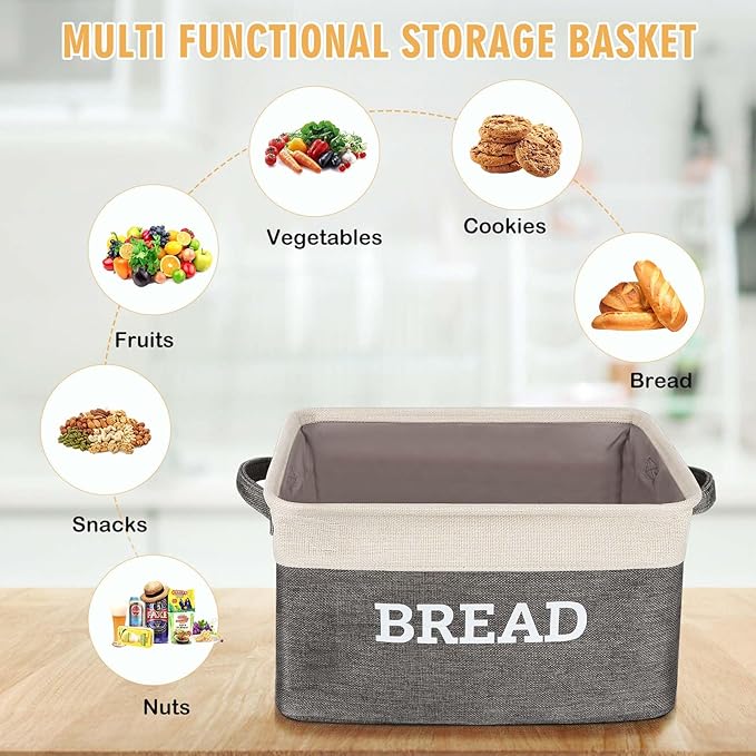 Lukeline Bread Storage Basket for Kitchen, Foldable Fabric Bread Keeper Bread Storage Container Bin with Handles, Bread Baskets for Kitchen Counter and Pantry (White & Grey)