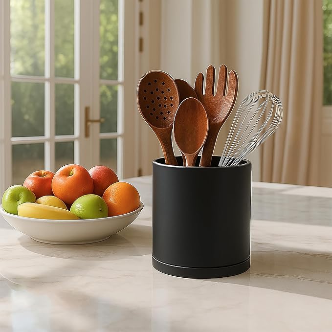 D'vine Dev 360° Rotating Utensil Holder – 5" Kitchen Utensil Crock for Countertop, Modern Cooking Tool Organizer for Kitchen Storage & Décor, Set of 2, Black, 72-Y-B-1