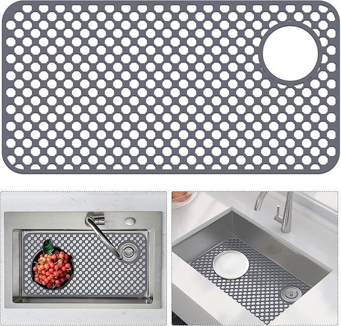 Flytime Silicone Sink Protectors for Kitchen Sink with Right&Left Drain, 28.35"x 14.37" Kitchen Grid Accessory, Non-Slip Heat-Resistant Mat for Bottom of Farmhouse Porcelain Stainless Steel