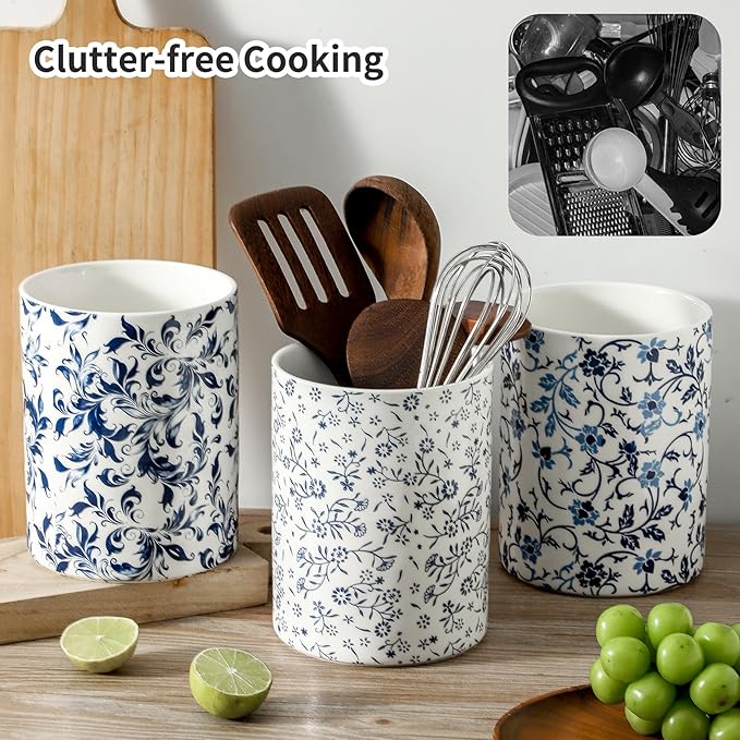 Kitchen Utensil Holder, Large Utensil Organizer for Countertop, Ceramic Cooking utensil Crocks for Spoon Rest Spatula, Apartment Essentials Farmhouse Decor (7.2in×6.2in