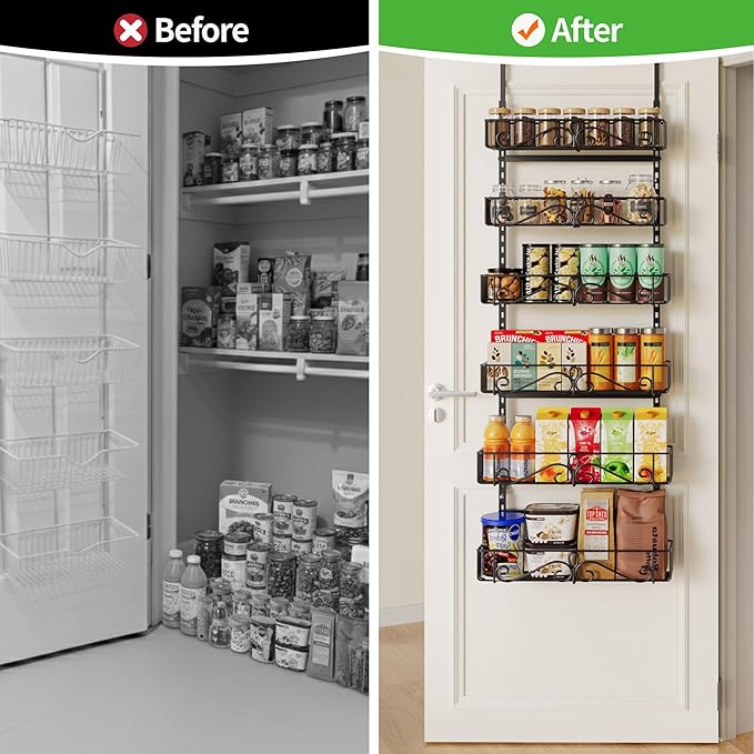 6-Tier Over the Door Pantry Organizer, Pantry Organization And Storage, Hanging Storage Organizer Spice Rack Metal Shelving for Home & Kitchen, Office Laundry Room Bathroom Black