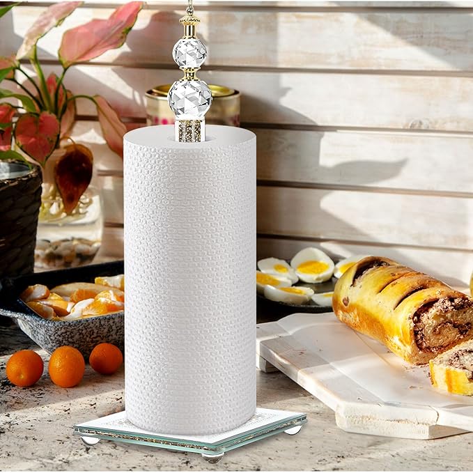 Gold Paper Towel Holder, Bling Crystal Paper Towel Roll Holder, Decorative Standing Paper Towel Holder for Kitchen Countertops Bathroom, Paper Towel Dispenser with Weighted Base (Square/Gold-A)
