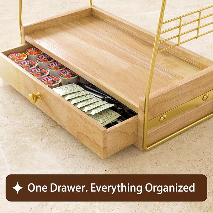 Coffee Bar Station Organizer with Built-In Drawer, 2-Tier Countertop Shelf for Tea Bags, Coffee Accessories, Syrup Bottles (Natural)