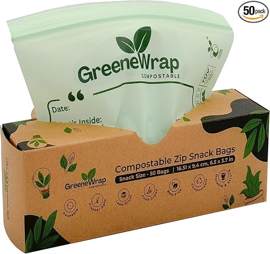 GreeneWrap Compostable Snack Size Zip Bags 50 Count Extra Thick 2 mil Resealable, Leak-Proof, Freezer Safe Disposable Food Storage Bags, BPI and OK Compost Home Certified, ASTM D6400