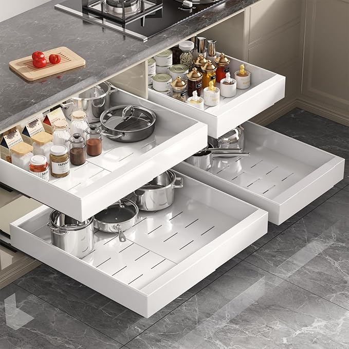 1 Pack Pull Out Cabinet Organizer 22" Deep,Full Extension 3 Slide Rails Slide Out Drawers With Raising Pad for Framed Cabinets,Expandable Width (12.3"-20.5"),No Drill Roll Out shelf,White