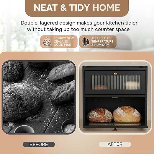 Bread Box for Kitchen Countertop - Wooden 2 Tier Bread Box with 10x Bread Bags and 10x Bread Bag Ties Vintage Breadbox Bread Storage Container Farmhouse Food Organizer Pantry Shelf (Black)