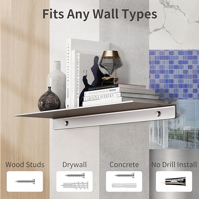 Danpoo Adhesive Floating Shelves for Wall Storage, Metal Wall Shelves for Living Room, Bathroom, Kitchen, 20” Long Display Shelves for Collectibles(Grey, 2 PCS)