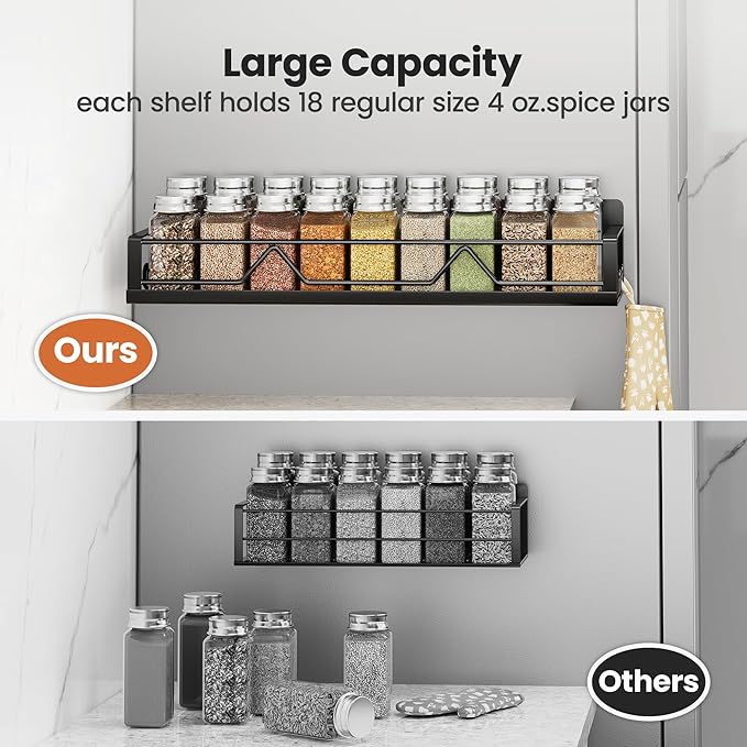 Mystozer 16.9 Inch Wide Large Capacity Magnetic Spice Rack for Refrigerator, 4 Pack Metal Fridge Shelf, Black