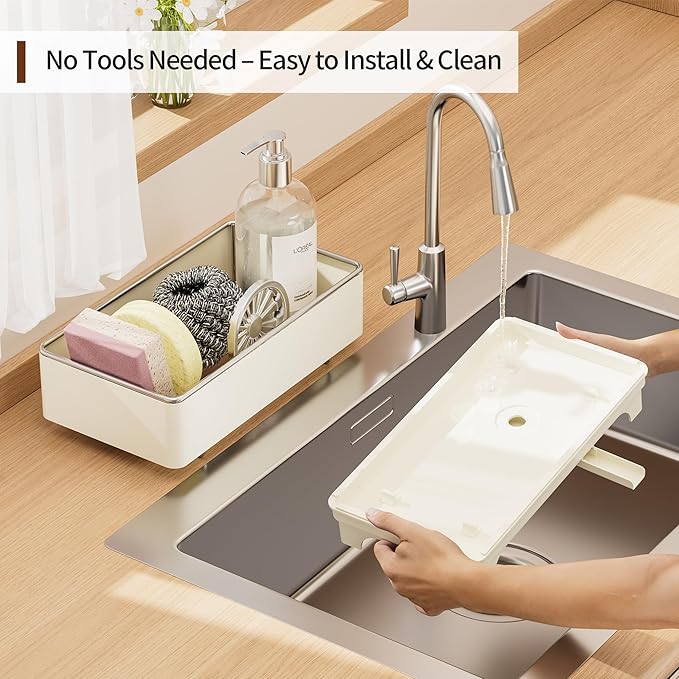 Sponge Holder for Kitchen Sink – Rustproof Stainless Steel, 360° Rotating Drain Pipe, Large Counter Organizer with Drip Tray for Sponges, Brushes & Dish Cloths White