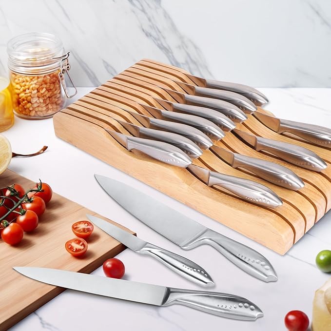 WELLSTAR Wood In-Drawer Knife Storage Block Holder - Organizer for 15 Knives, Kitchen Drawer Insert with Secure Blade-Down Storage, Durable Tray for Long & Short Knives (Knives Not Included)
