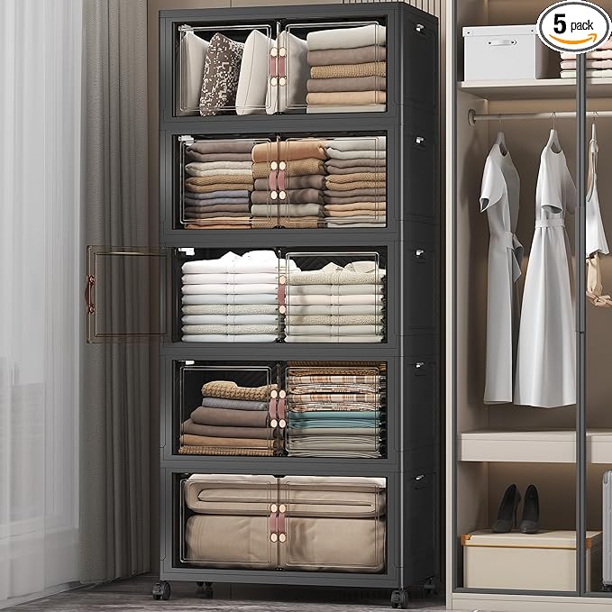 Stackable Storage Bins with Lids & Wheels & Door, Foldable Collapsible Closet Organizers, Extra Large Plastic Storage Drawers for Bedroom Dorm Office Garage (Dark-112QT, 5Pack with 1 top lid)