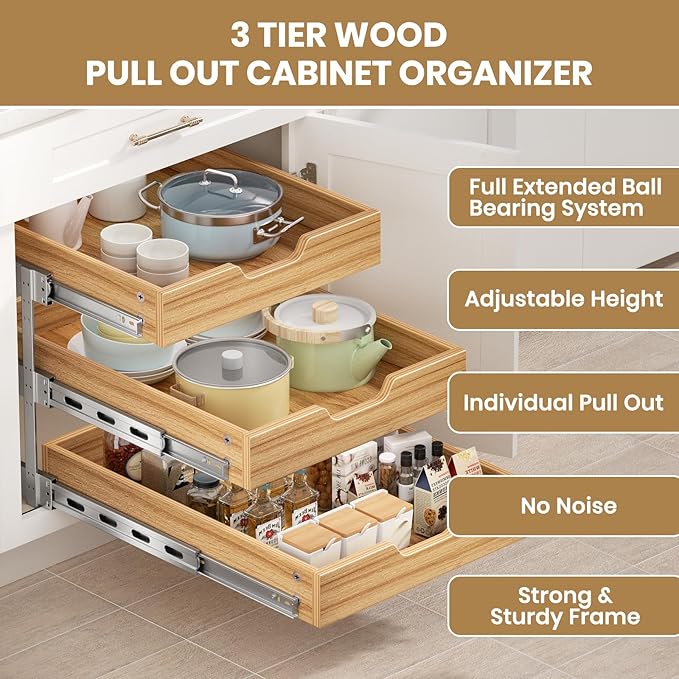 ROOMTEC 3 Tier Pull Out Cabinet Organizer, Heavy-Duty Pull Out Drawer, Slide Out Wood Shelf for Cabinets, Base Cabinet Organization for Pantry, Bathroom (15½"Wx21 D)