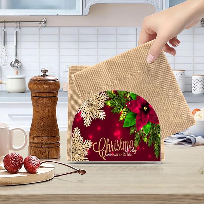 Christmas Poinsettia Flower Napkin Holder for Table Paper Napkins Holder Acrylic Tissue Dispenser Kitchen Dining Room Bathroom Party Car Decor