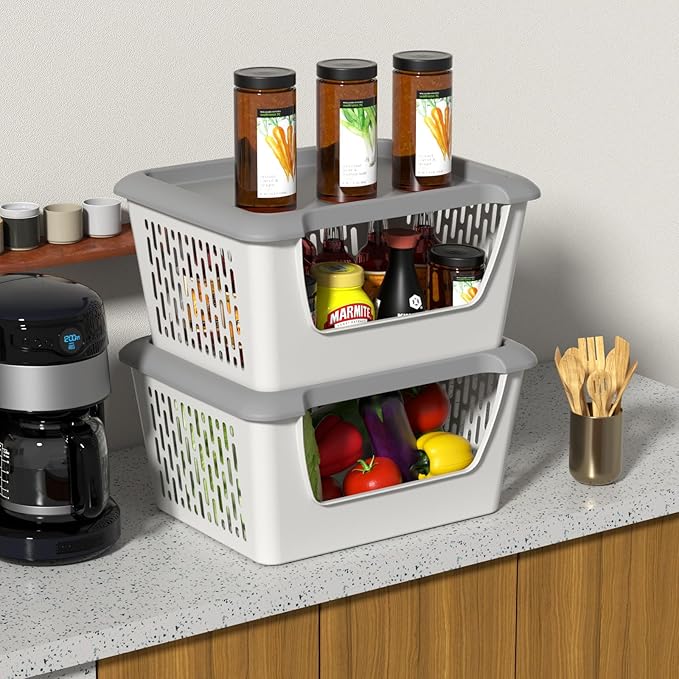 Plastic Open Stacking Storage Bins, 5 Tiers Large Kitchen Stackable Organizer Baskets with Wheels, Grey