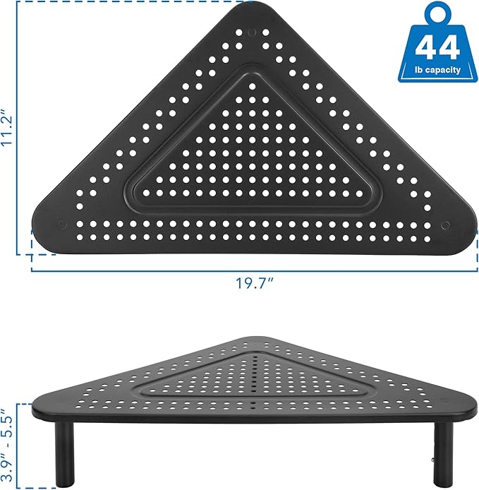 Corner Monitor Stand | Adjustable Height Corner Desk Shelf | Triangle Screen Riser, Ergonomic Space Saving Design, Ventilated. (Metal, Black)