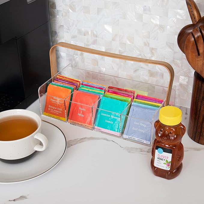 Mind Reader Tea Bag Organizer, Tea Station, Countertop, Caddy, Rayon from Bamboo and Acrylic, 11.75"L x 6"W x 6"H, Brown