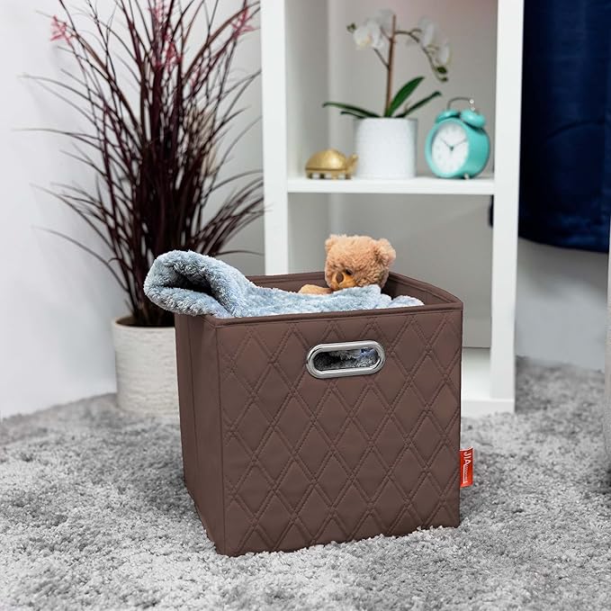FH Group JIAessentials 12" Faux Leather Foldable Storage Cube Bins Set of 2 – Brown Diamond Patterned Organizers with Handles for Closet & Shelves