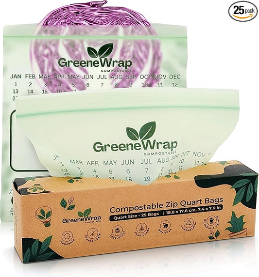 GreeneWrap Compostable Quart Size Zip Bags 25 Count Extra Thick 2 mil Resealable, Leak-Proof, Freezer Safe Disposable Food Storage Bags, BPI and OK Compost Home Certified, ASTM D6400