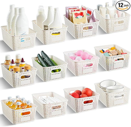 12 Pack Plastic Storage Baskets for Organizing, Storage Baskets with Handles, Plastic Storage Bins with Labels, Organizer Baskets for Kitchen, Pantry Organizers and Storage,Cabinet,Closet