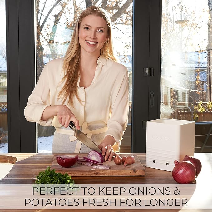 Beautiful Potato and Onion Storage Container Set - Perfectly Sized Spacious Canisters For Your Kitchen Counter Or Pantry - Quality Food Safe Metal Bins Keep Your Produce/Vegetables Fresh Longer