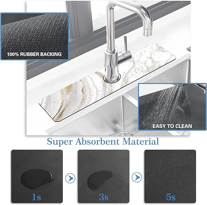 Faucet Mat Splash Guard Platinum Marble, Soft Diatom Mud Material, Strong Water Absorption, Non-slip,Easy to Clean for Bathroom, Kitchen 23.5"X5.5"