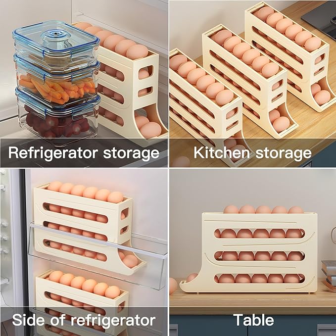 Automatic Rolling Egg Storage For Refrigerator, Fridge Organizer, Space Saving Refrigerator Egg Holder For Fridge ,Holds 28 Egg Storage，for Refrigerator,Kitchen,Cabinets,Tabl (White)