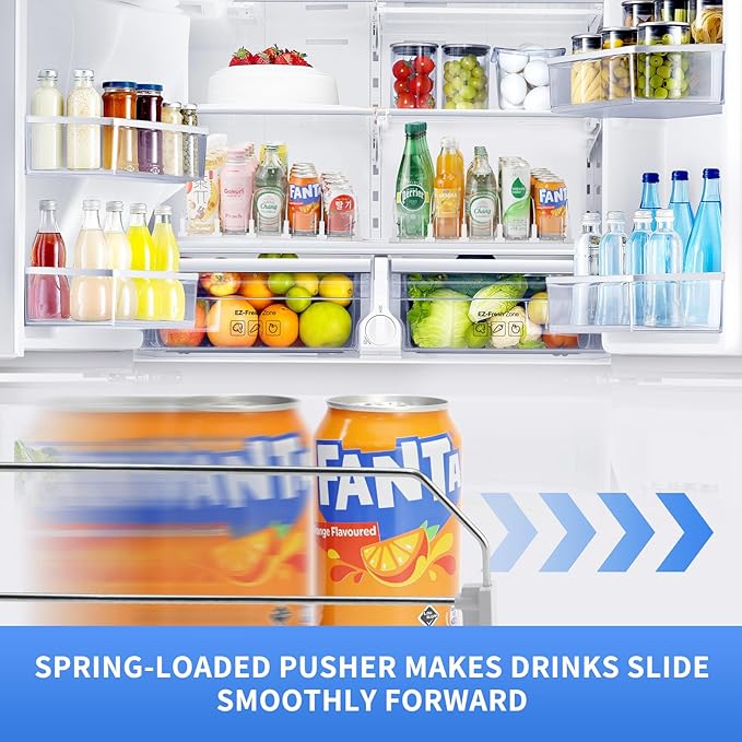 Drink Organizer for Fridge，adjustable soda can and bottled beverage dispenser,automatic sliding , soda can organizer，Holds up to 25 Cans，5 Row