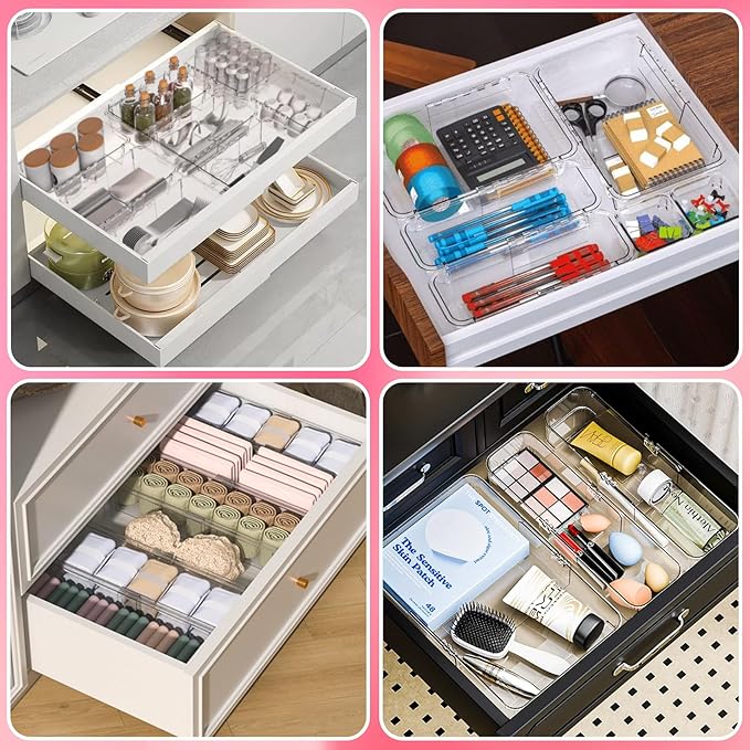 25-Piece Clear Drawer Organizer Set - Adjustable Acrylic Storage Bins with 3 Sizes for Makeup, Kitchen Utensils, Bedroom Dressers - Desk & Tool Organizer for Home, Office, Craft Rooms