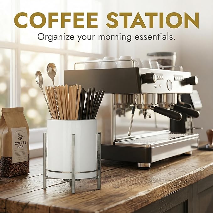 Ceramic Flatware Caddy, Silverware Caddy Cutlery Holder, Round Utensil Crock, Kitchen Utensil Holder for Countertop, Solid White Cup and White Metal Bracket, 1 Pcs