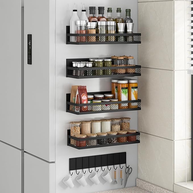 5 Pack Strong Magnetic Spice Rack for Refrigerator on Oven, Movable Kitchen Organizers and Storage for Spices Shelf, Wall Mounted Spice Rack Metal Fridge Shelf for Kitchen in Black
