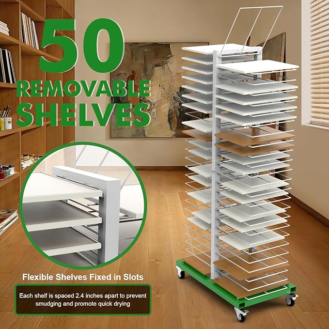 vanerepok Paint Drying Rack 50 Shelves for Cabinet Doors, Space-Saving Vertical Design for Art Studios & Classrooms, Heavy-Duty Storage Stand with Locking Casters, 25lbs Capacity per Shelf