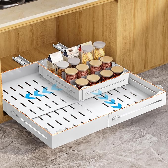 Pull Out Cabinet Organizer 1PCS, 4-Way Width (11"-18") and Depth (13"-24") Expandable Pull Out Drawers for Cabinets – One Size Fits Most! No Drill, Heavy-Duty Metal Organizer for Pantry, Kitchen White