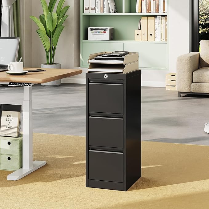 3-Drawer Metal Filing Cabinet with Lock, Vertical Heavy Duty Steel File Organizer for Home Office, Secure Storage for Letter, Legal, A4, F4 Documents – Professional Office Furniture, Black