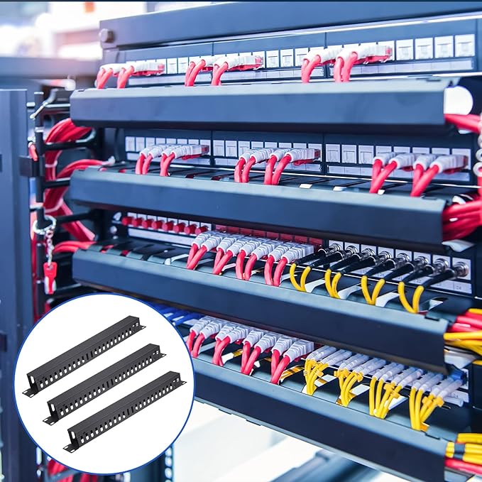 4 Pack 1U 19 Inch Cable Manager 24 Slot Horizontal Rack Mount Wire Management Server Rack Cable Management Metal Finger Duct Wire Organizer with Cover and Mounting Screws for Network Cabinet, Black